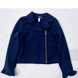 Janie And Jack Navy Blue Moto Motorcycle Jacket Gold Zipper 3/4 Ruffle